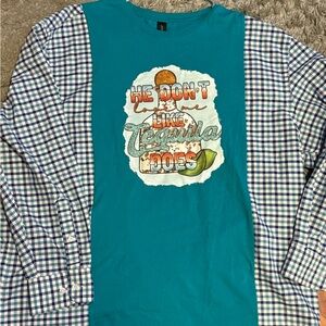 Custom oversized upcycled Teal and Checkered plaid long sleeve with graphic